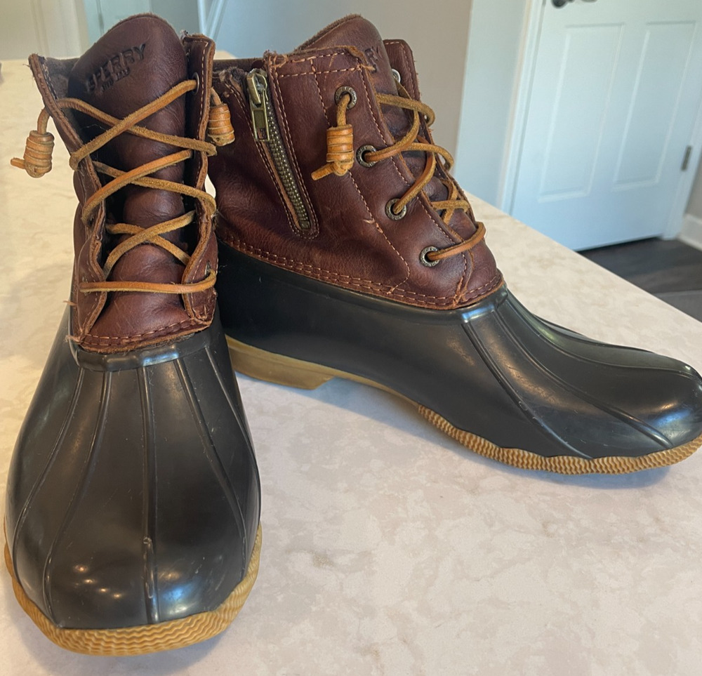 Sperry Saltwater Duck Brown Leather Waterproof Rubber Boots Sz 10 Outdoors Women